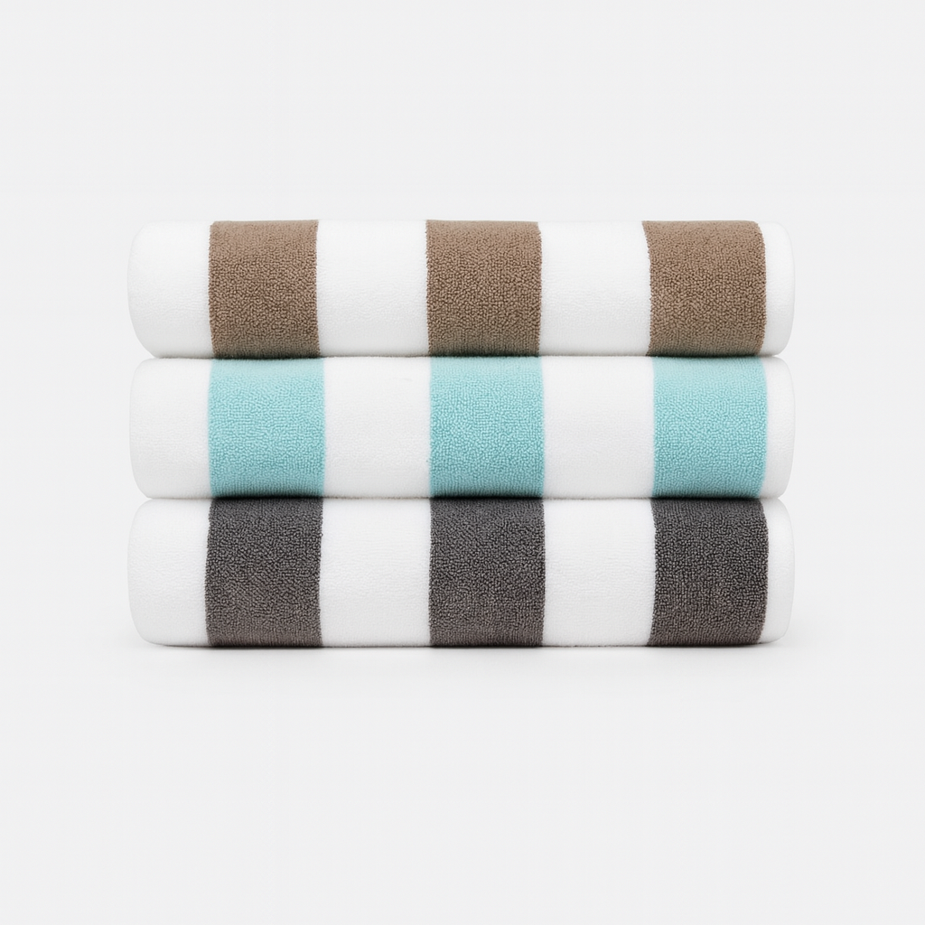 A selection of folded broad striped pool towels in various colors including white, blue, grey, and orange.