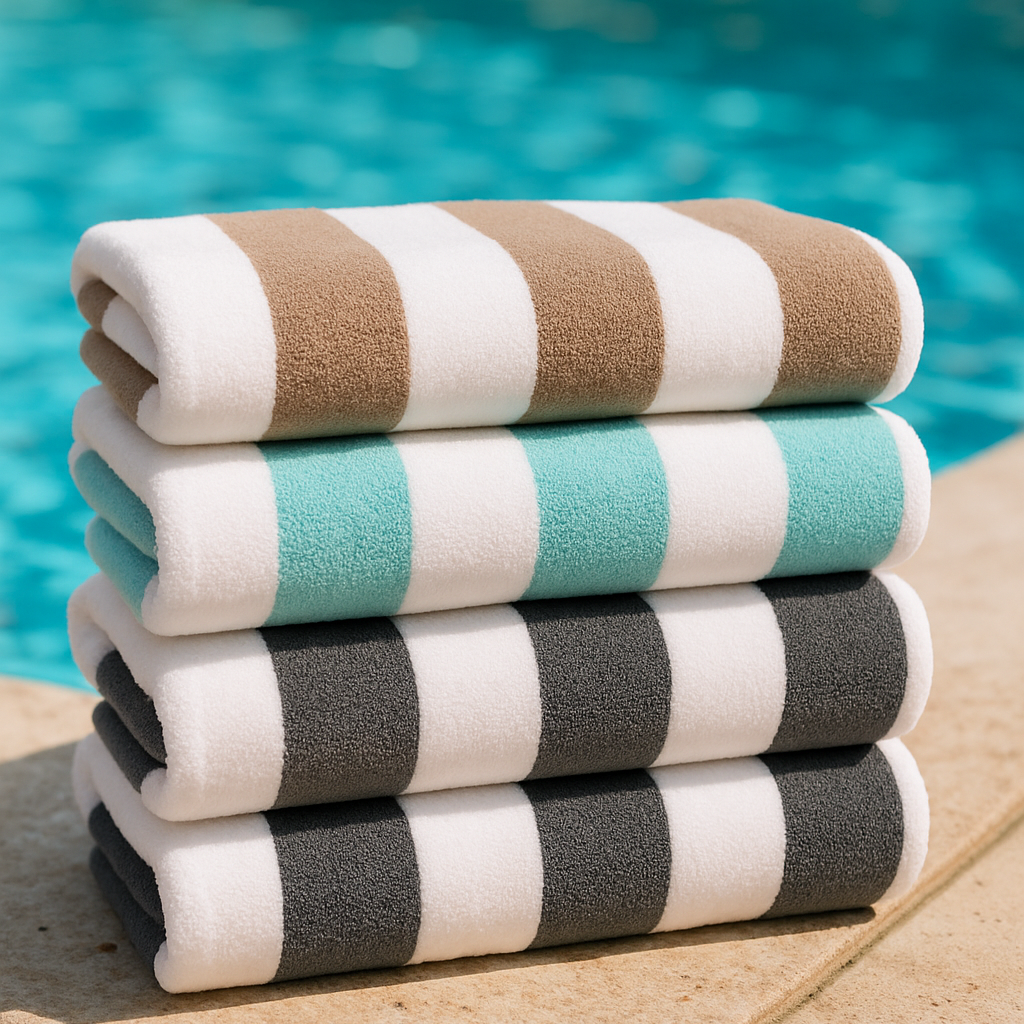 Glodina_Pool_Towels_lifestyle A selection of folded broad striped pool towels in various colors including white, blue, grey, and orange.