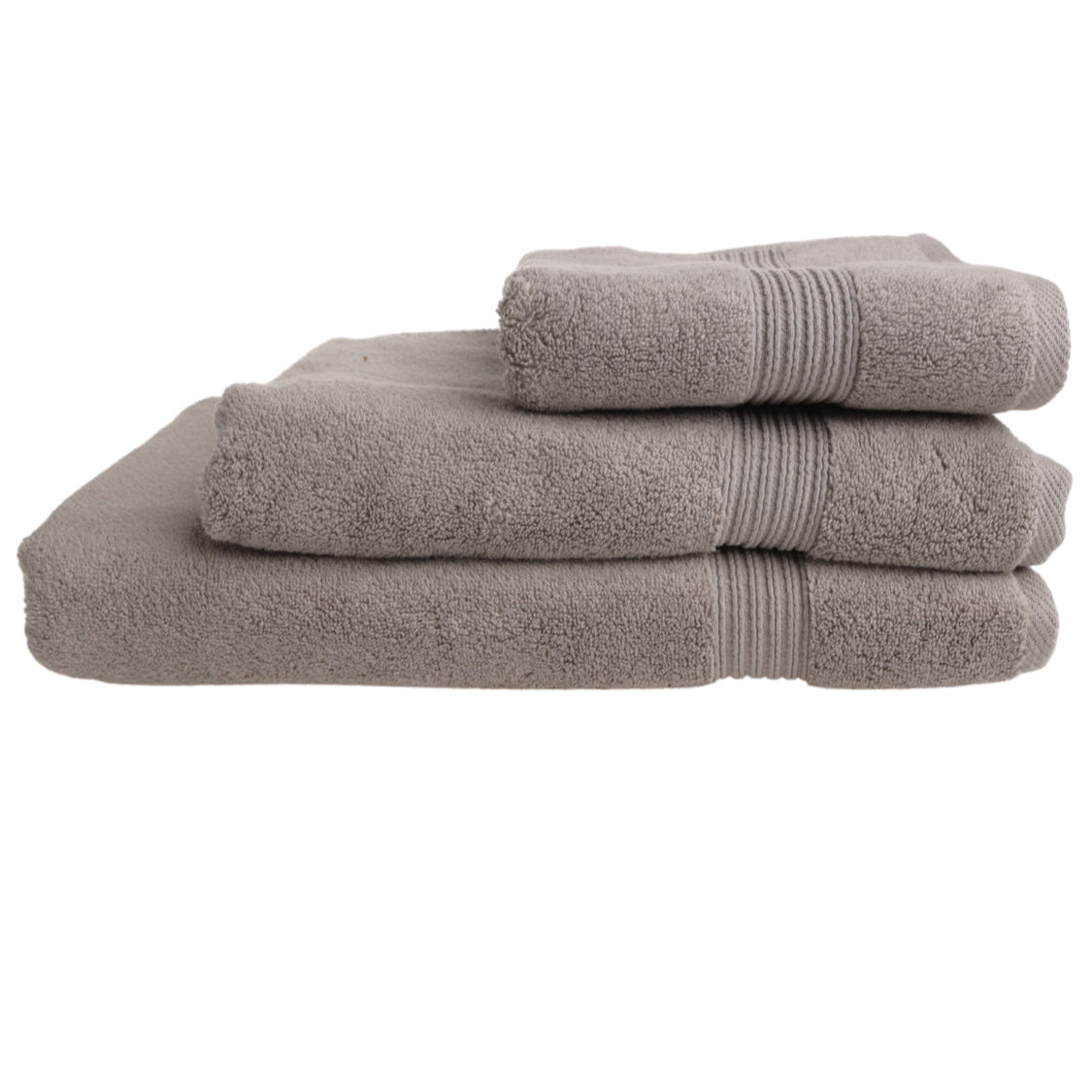 ImperialStucco-1 Set of three gray towels stacked on a white background