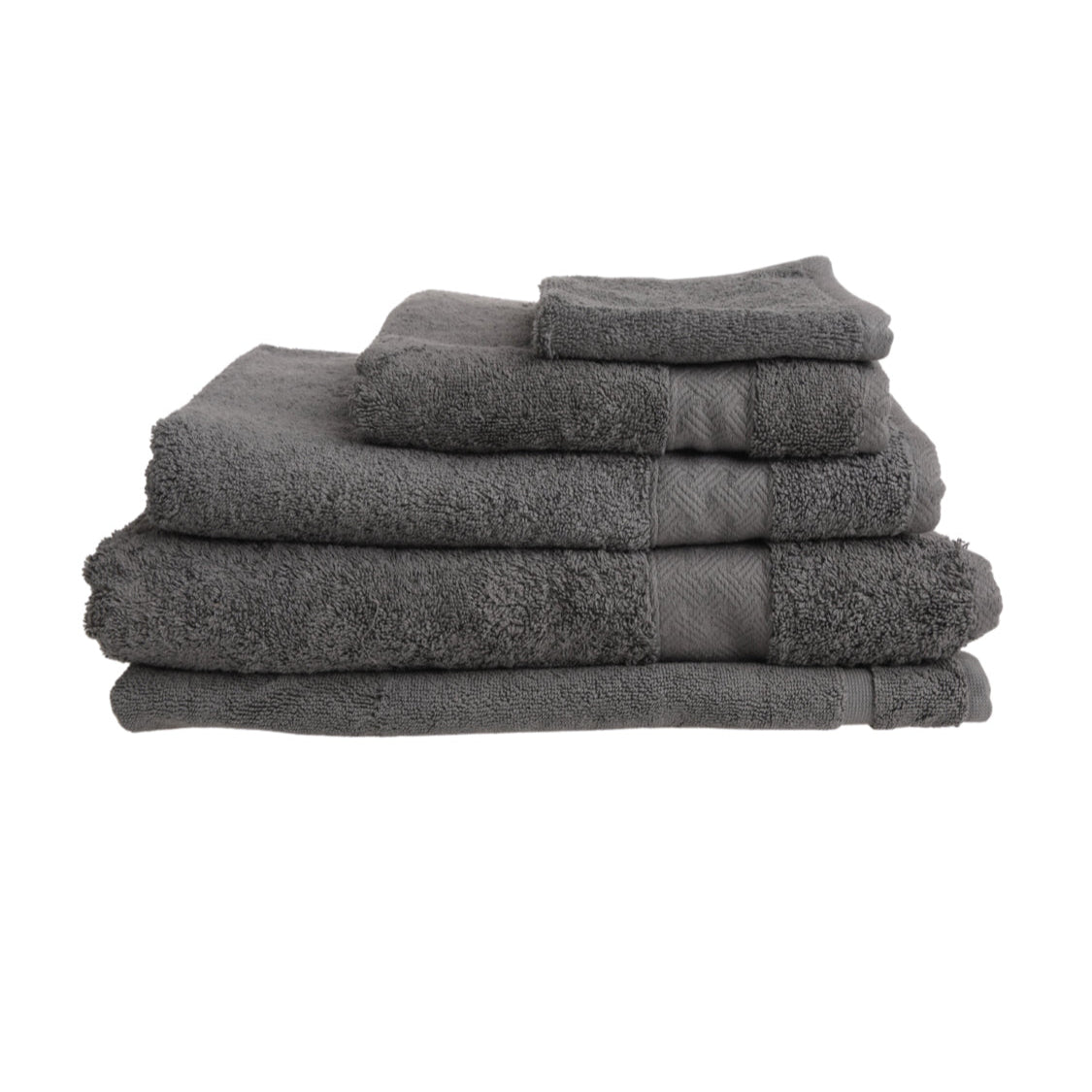 NortexIndulgenceCharcoal-1 Stack of gray towels on a white background
