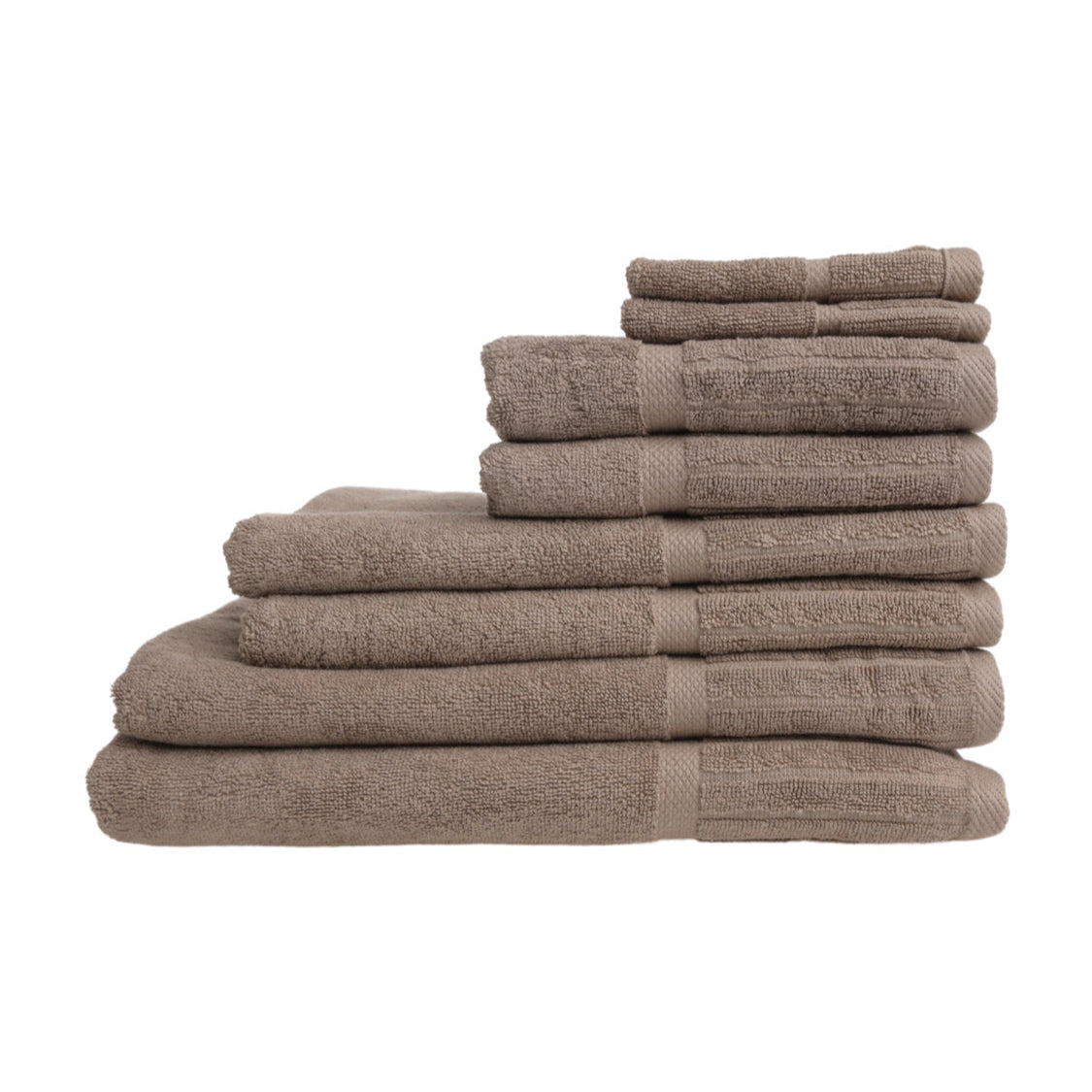 galleonPebble-bundle-1 A stack of folded brown towels, with sizes varying from bottom to top, on a white background.